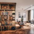 Beautiful home library with wood floors